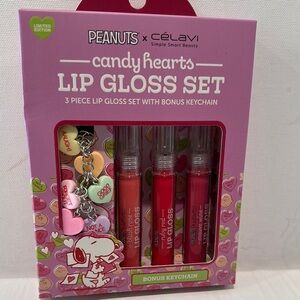 Peanuts X Celavi Candy Hearts Lip Gloss Set of (3) with Bonus Keychain.